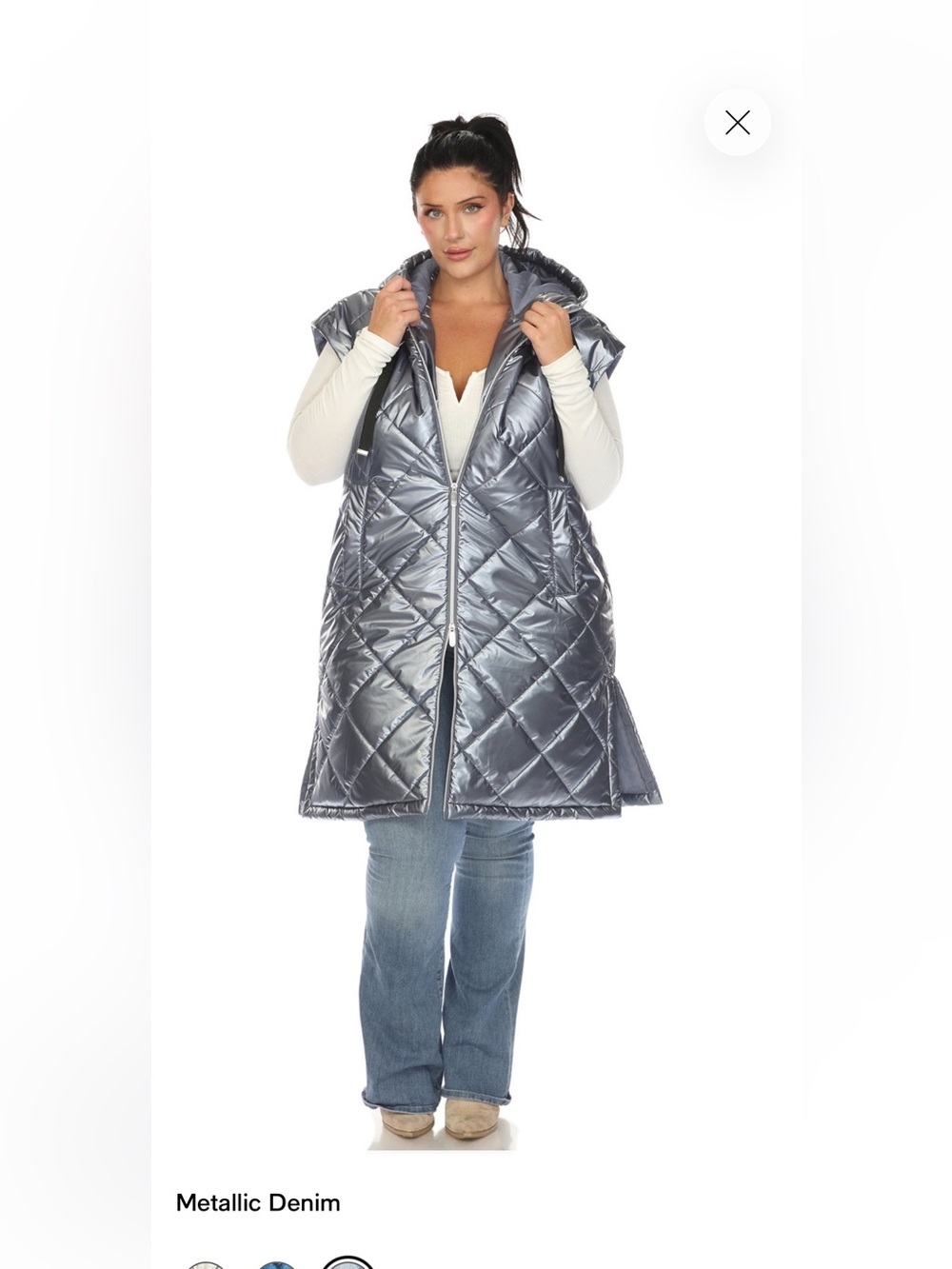 White Mark Metallic Denim Quilted Hooded Long Puffer Vest